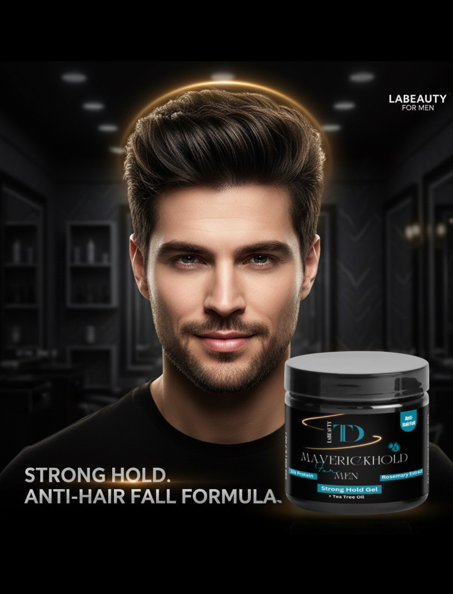 Man with styled hair and a jar of anti hair fall strong hold  hair Gel in a salon setting