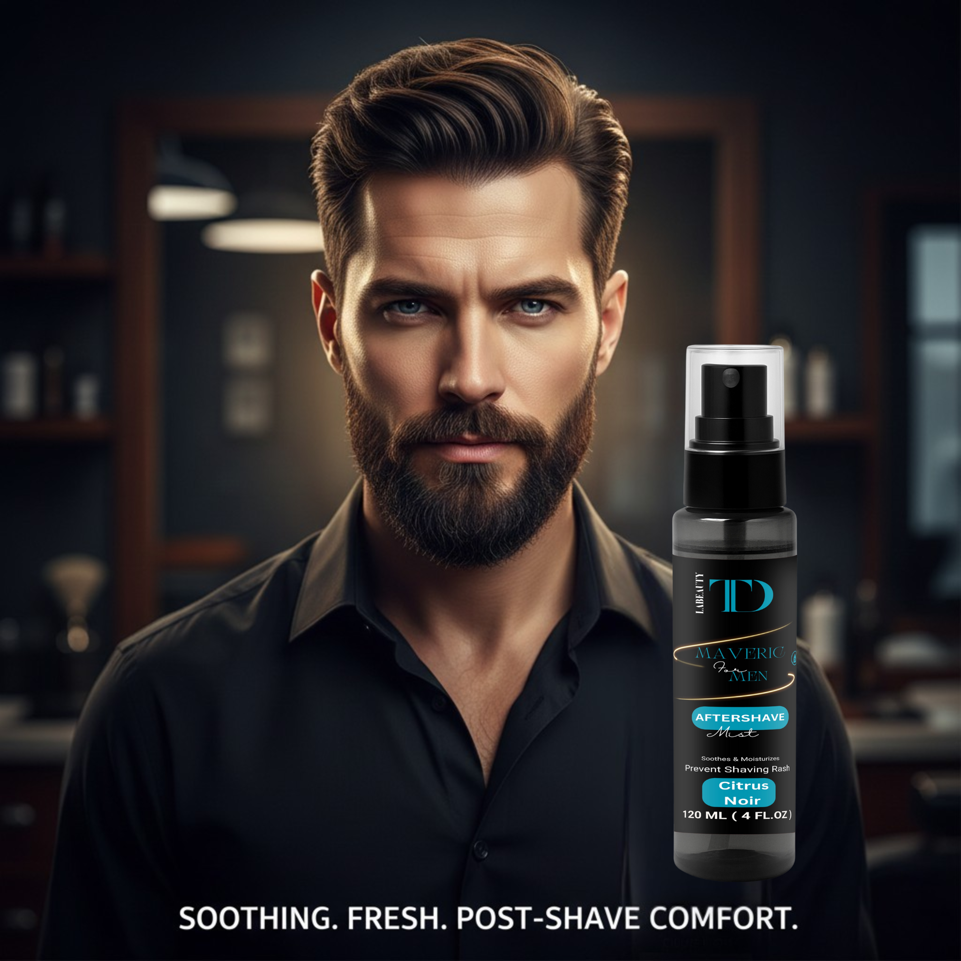 Man with a beard and a bottle of aftershave in a barbershop setting