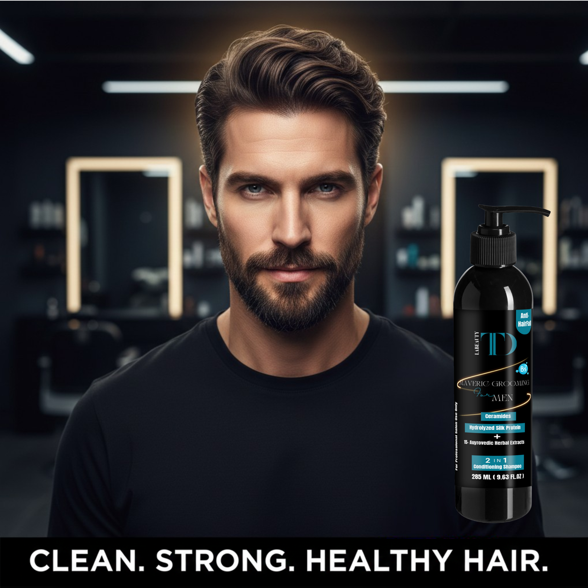 Man with styled hair next to a bottle of hair care product in a salon setting